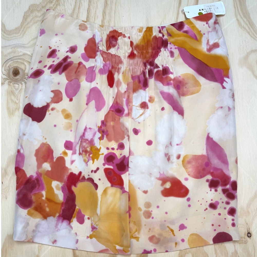 NWT Akris Punto Silk Mini Skirt Camelia Print Pink Orange Abstract